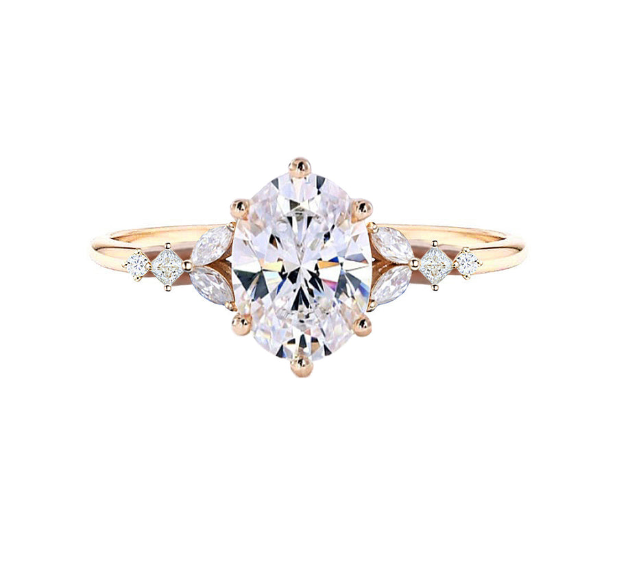 Ella Vintage Cluster Oval Natural Diamond Engagement Ring in 18K Gold