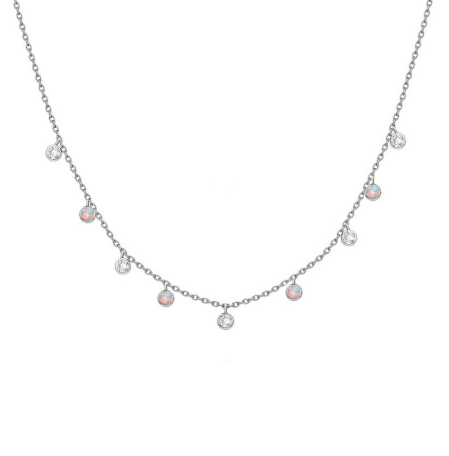 White gold opal diamond station necklace