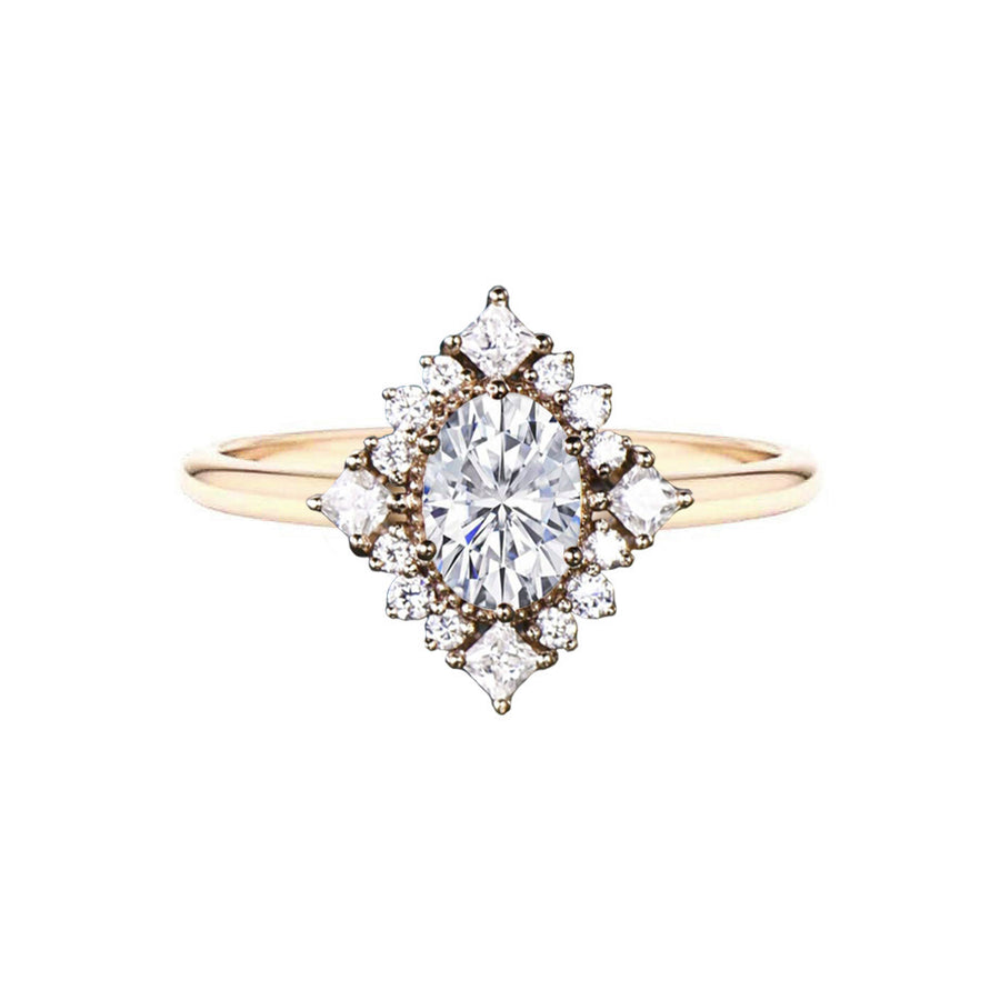 Art Deco Halo Oval Diamond Engagement Ring in 18K Gold