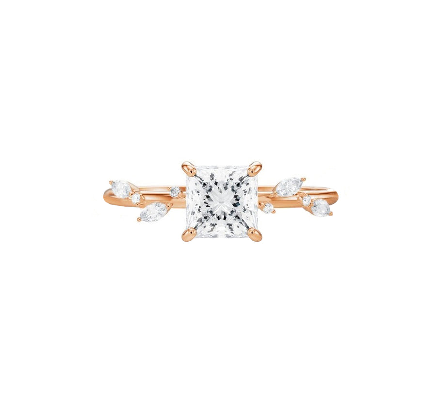 Nature Inspired Princess Cut Natural Diamond Engagement Ring in 18K Gold