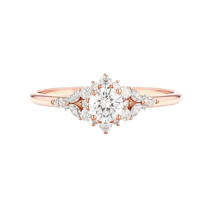 Vintage Floral Cluster Round Natural Diamond Engagement Ring in 18K Gold