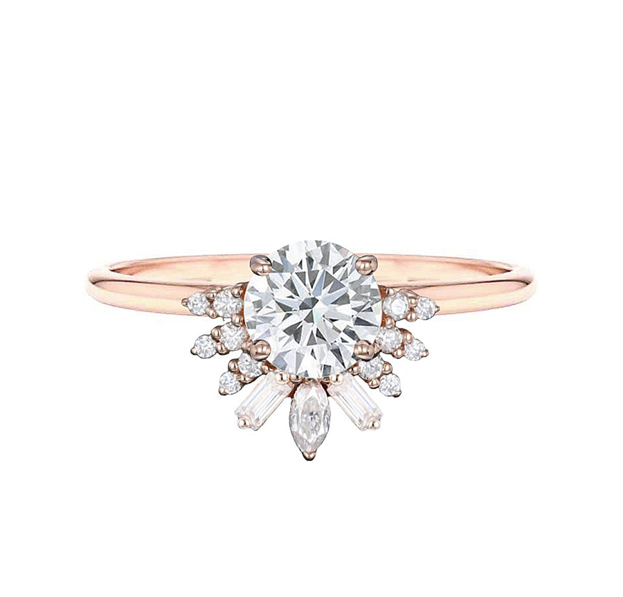 Floral Cluster Low Profile Natural Diamond Engagement Ring in 18K Gold