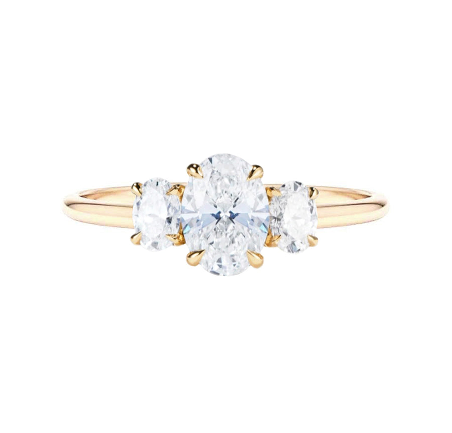 Unique Three Stone Oval Lab Grown Diamond Engagement Ring in 18K Gold